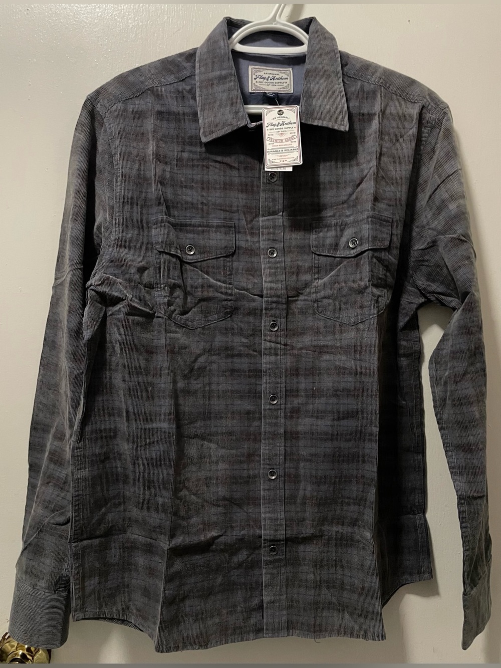 Flag & Anthem Men’s Navy Brown Red Plaid Button Up Corduroy Shirt Size Medium M